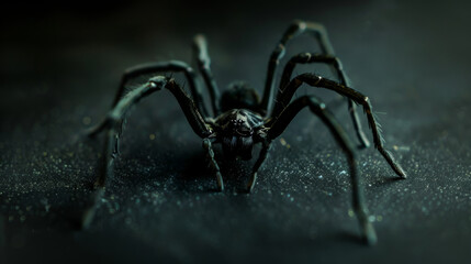 A close-up of a tarantula spider on a dark, textured surface, presenting an intense and eerie depiction of its intricate details.