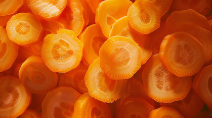 Close-up view of vibrant orange carrot slices, showcasing fresh, healthy textures and radiating natural light.