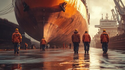 Hyper-realistic scene of shipyard workers assembled in front of a huge ship, showcasing teamwork and the impressive ship structure