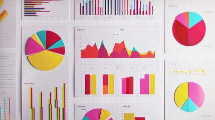 Assorted colorful charts and graphs neatly displayed, illustrating different data trends and analysis on bright white paper backgrounds.