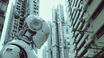 A futuristic robot gazes thoughtfully at towering buildings, representing the intersection of technology and urban environments.
