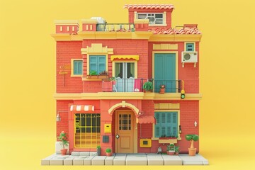 Fototapeta premium A vibrant, colorful building set against a bright yellow background, representing urban living, modern architecture, and the vibrancy of city life in a bold, whimsical design.