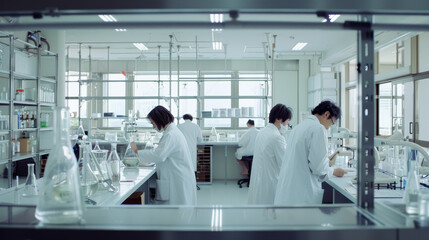 Fototapeta premium Laboratory scene with focused scientists in white lab coats working at their stations, surrounded by equipment and bright, clinical lighting.
