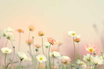 Abstract Floral Art with Blurred Ranunculi in Pastel Pink Garden, Beige Sky, High-Definition Symmetrical Long Exposure