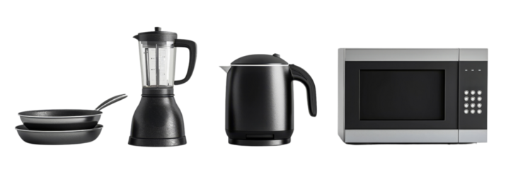 Modern Kitchen Essentials   Non Stick Frying Pans, High Speed Blender, and Microwave Oven in Bright   Composition cut out PNG on transparent