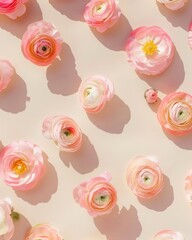 Bright Pastel Peach Ranunculi on Soft Beige Background with Shadows - Minimalist Floral Pattern, Sunny Day Vibe