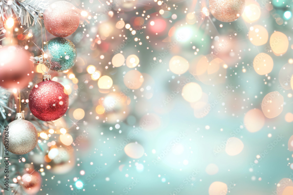 Poster festive christmas background with multicolored pine tree and sparkling decorations, creating a warm 