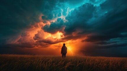Obraz premium Man Witnessing a Stormy Sunset
