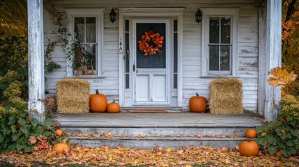 Welcoming House Entrance Adorned with Autumn Decor