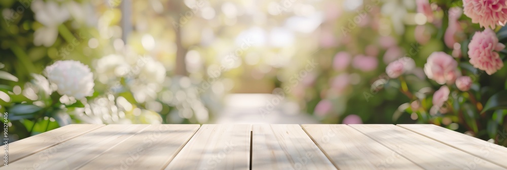 Poster sunlit minimalistic light beige wooden table in serene garden setting with pastel floral bokeh backg