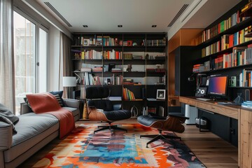 A modern study room with a large bookshelf, comfortable seating, and a desk with a computer
