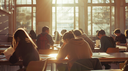 Students focus on their studies in a sunlit library, the light streaming through large windows creating a warm, studious atmosphere.