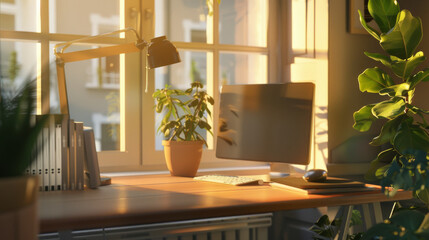 Cozy home office bathed in warm, golden sunlight with a computer, potted plants, and a window view of a peaceful neighborhood.