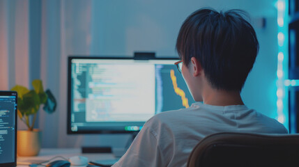 Fototapeta premium A young person with glasses intently working on multiple monitors, with code visible, in a dimly lit room.