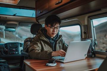 Fototapeta premium man as digital nomad use laptop 