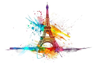 Obraz premium Watercolor Aesthetics of the Eiffel tower with colorful sunset in the background