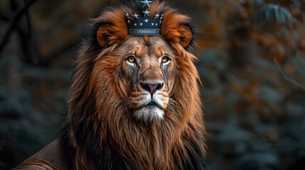 Obraz premium Majestic Lion with American Stars Crown in Minimalist Backdrop