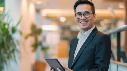 Fototapeta premium A smiling businessman, dressed in a dark suit, holds a tablet with confidence in a bright, modern office setting.