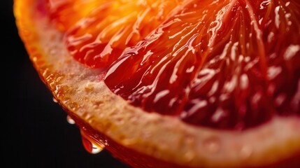 Fresh juicy red blood orange fruit slice closeup macro view with texture
