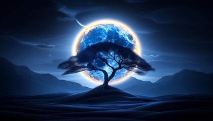 A solitary tree stands tall against a backdrop of a glowing blue moon and distant mountains under a dark night sky.