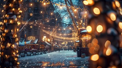 Obraz premium Enchanting City Square Lit Up with Twinkling Holiday Lights in Snowy Winter Landscape