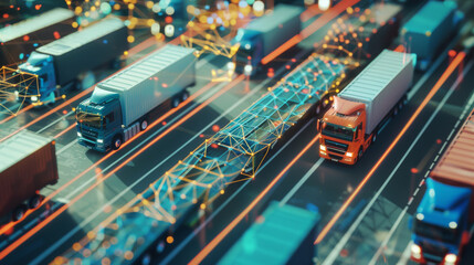 A futuristic interpretation of a busy highway filled with interconnected semi-trucks illuminated by neon and digital lines, highlighting advanced logistics.