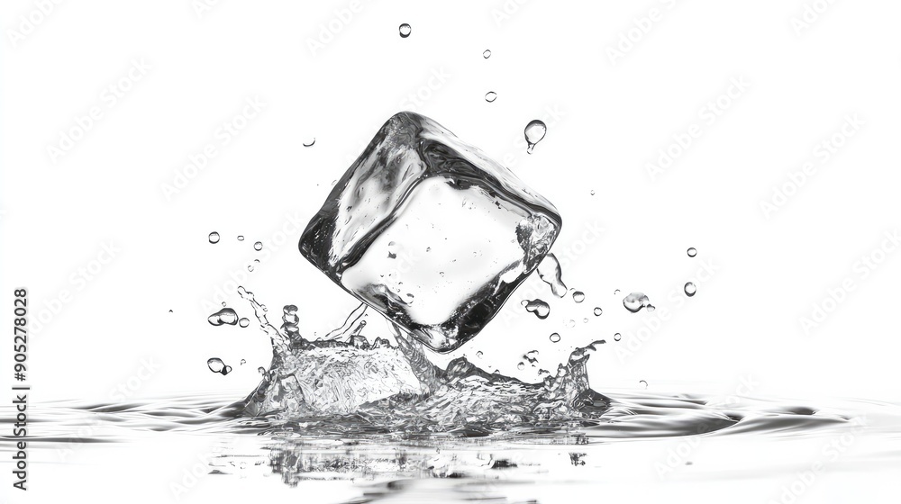 Poster clear ice cube dropping, isolated on white background, capturing its sharpness.