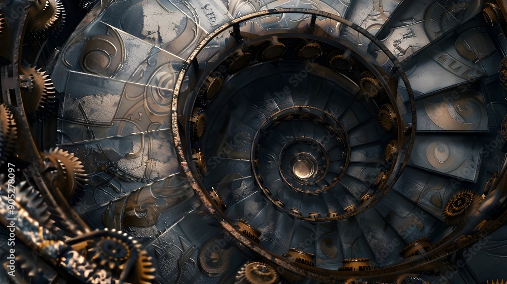 Poster spiral staircase made of clock gears symbolizing infinite time and surreal architecture