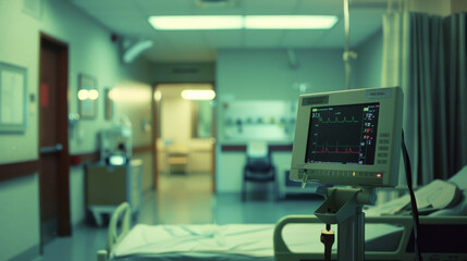 A modern hospital room with medical monitors, equipment, and bed, bathed in soft-focus light creating a clinical yet comforting atmosphere.