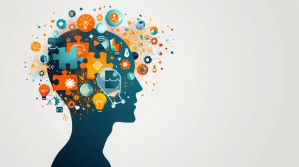 head silhouette clip art , clip art of head with colorful idea symbols ,  idea generation clip art 