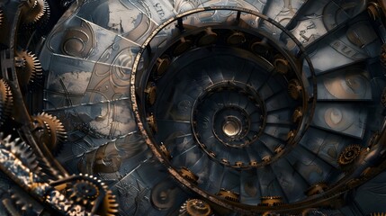 Spiral Staircase Made of Clock Gears Symbolizing Infinite Time and Surreal Architecture