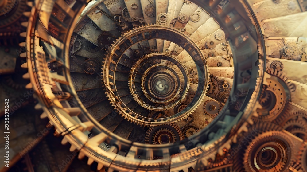 Poster spiral staircase constructed from intricate clock gears symbolizing infinite time in surreal