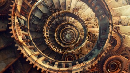 Obraz premium Spiral Staircase Constructed from Intricate Clock Gears Symbolizing Infinite Time in Surreal