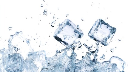 Obraz premium Detailed ice cube dropping, isolated on white background, with sharp focus and clarity.