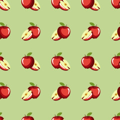 apple background, seamless texture. A drawn vector illustration of various juicy ripe red apples in whole and in pieces  on a light green background