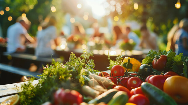 Fresh vegetables and herbs on a table under warm, glowing lights with people dining in the background, evoking a sense of a lively, outdoor gathering.