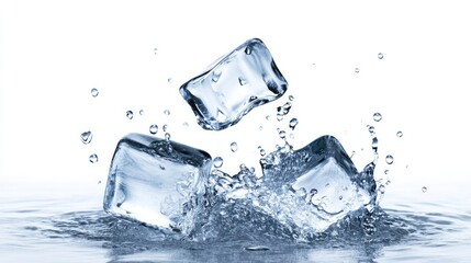 Falling ice cube with water droplets, isolated on white background, in sharp detail.