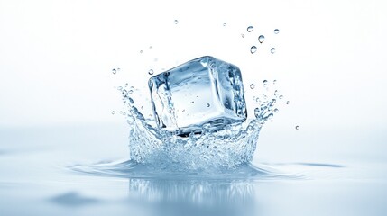 Obraz premium Falling ice cube with water droplets, isolated on white background, in sharp detail.