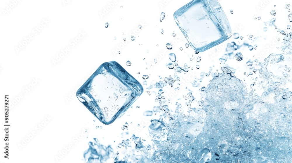 Poster frozen ice cube dropping, isolated on white, showcasing its transparency and texture.