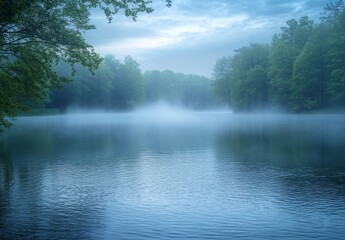 A serene lake partially obscured by early morning fog, with mist gently rising from the water's surface and trees faintly visible in the background