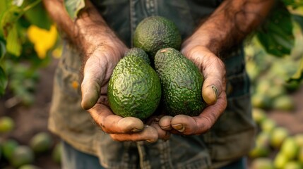 Hand holding avocado fruit in plantation farm field