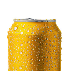 A chilled yellow soda can with water droplets, isolated on white background. Refreshing and cold drink concept for summer.