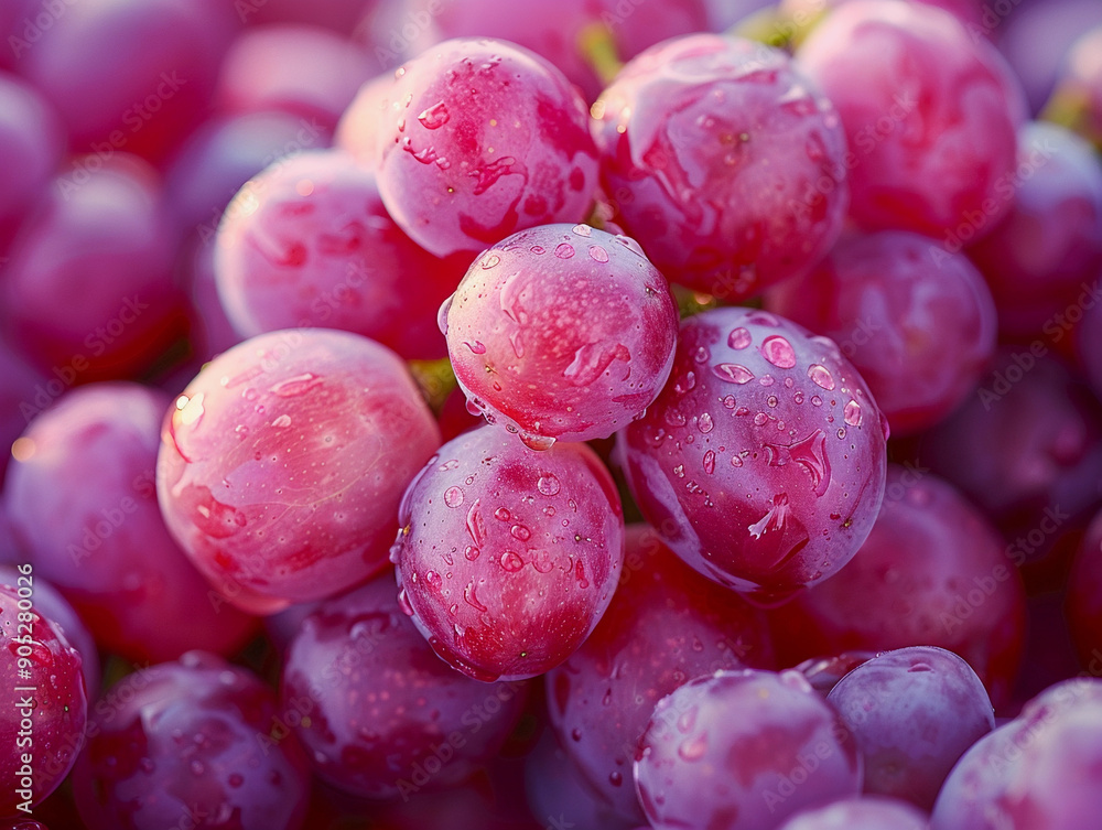 Wall mural freshly picked red grapes covered in water droplets in a vibrant setting