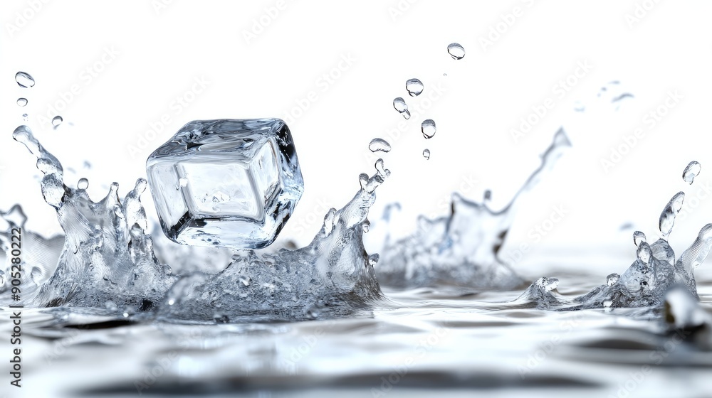 Poster single ice cube dropping, isolated on white, with full depth of field and sharp details.