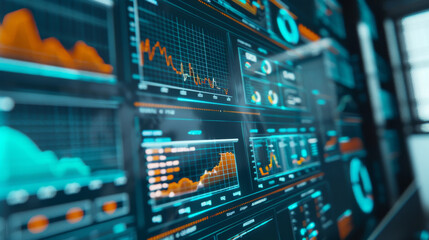 Obraz premium Close-up of sophisticated data visualizations and analytics on multiple screens, conveying information density and technological sophistication.
