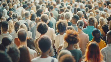 A sea of diverse individuals gathered together, displaying unity and cultural variety in a bustling crowd, under ambient light.