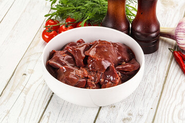 Raw chicken liver uncooked in the bowl
