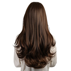 Obraz premium Back view of a woman with long, curly, brown hair against a white background. Ideal for beauty, haircare, and fashion photography.
