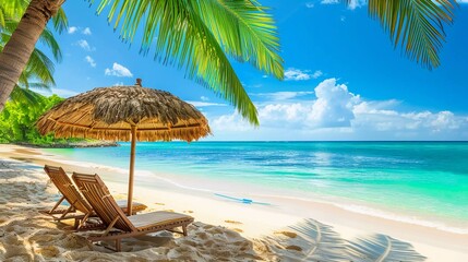 View of a tropical sandy beach with beach chaise lounges and beach umbrellas facing up