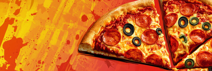 A cartoon illustration of pizza, hand drawn in the style of bold brush strokes and splashes of red paint on the background, Generative AI